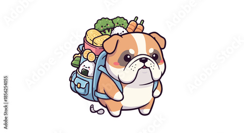 A cartoon bulldog with a backpack full of fresh vegetables standing on a white background
