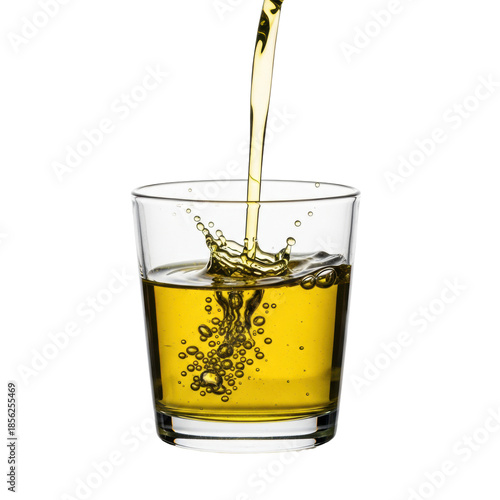 Light golden-green olive oil pouring into a glass, frozen dynamic coronet splash and micro-bubbles on a reflective white surface, extreme close-up shot concept for liquid purity