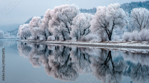 A tranquil winter landscape with snow-covered trees lining the banks of a quiet river. 