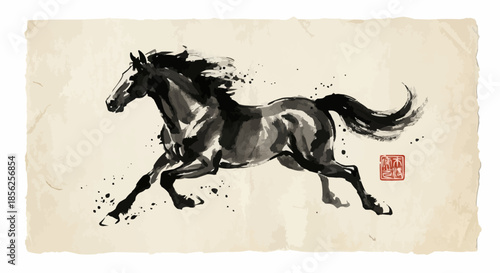 Majestic ink wash painting of a powerful black horse in full gallop, embodying freedom and strength on a textured parchment background