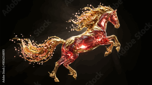Majestic Golden and Ruby Liquid Horse Rearing with Sparkling Splashes on a Dark Background, Portraying Strength and Elegance