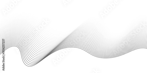 Abstract flowing dots particles wavy pattern 3D curve halftone black background. Gradient curve shape isolated on white. Minimalist dots. Vector illustration