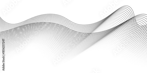 Abstract flowing dots particles wavy pattern 3D curve halftone black background. Gradient curve shape isolated on white. Minimalist dots. Vector illustration. eps10