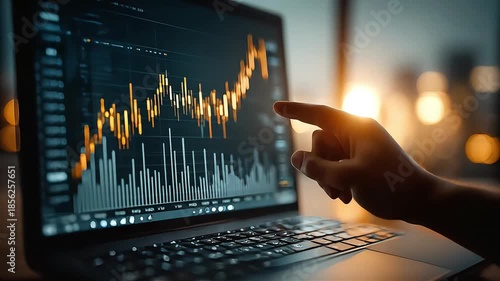 Hand points to financial growth charts displayed on a computer screen in an office setting during a daytime analysis.