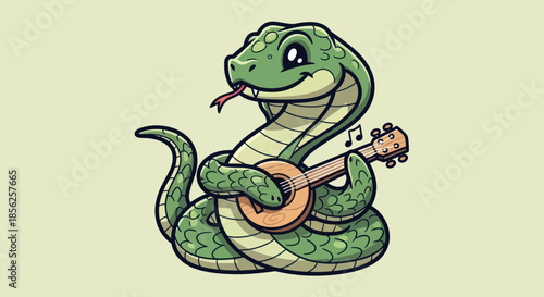 A cartoon green snake plays a stringed instrument, smiling. Musical notes float beside it