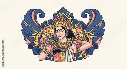 A stylized illustration depicts a dancer adorned with ornate costume and background elements