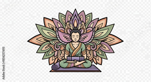 A figure meditates in lotus position, surrounded by an ornate flower, on a mat