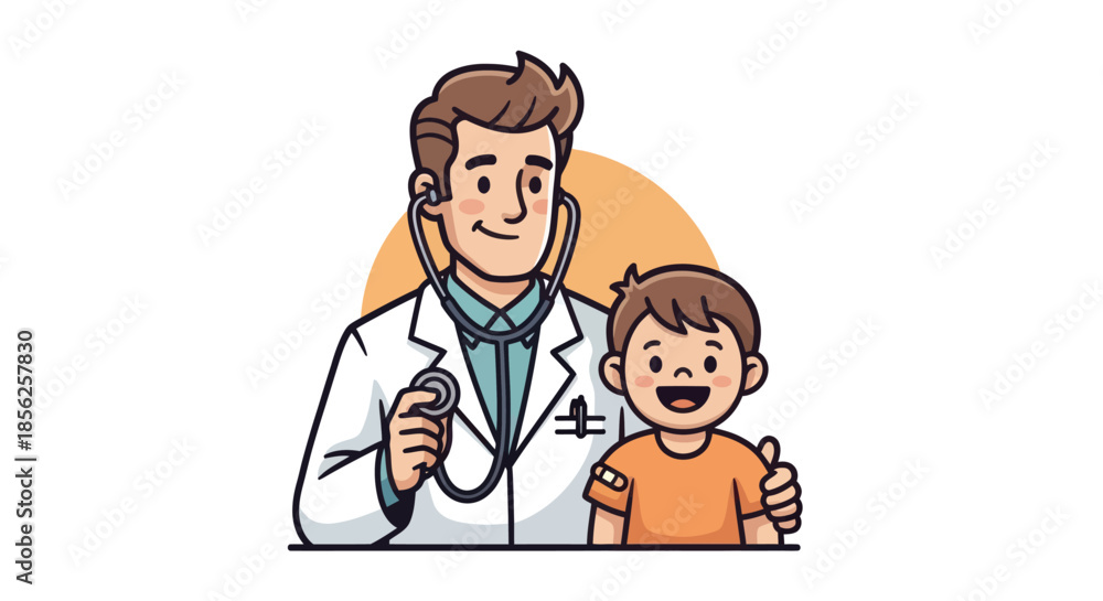 Fototapeta premium Cartoon doctor with stethoscope examining a smiling child after a vaccination