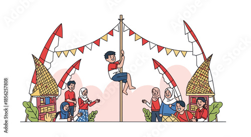 Illustration of a pole-climbing game during a festival, with spectators and decorations