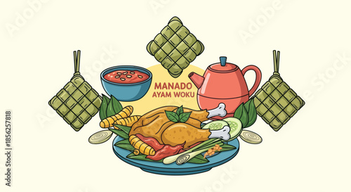 A colorful illustration of Manado Ayam Woku, a dish of Indonesian cuisine, features a chicken, sides, and decor