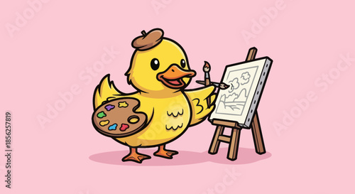 Cartoon duck artist painting a landscape on canvas with a palette and easel