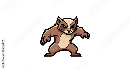 A cartoonish, brown and tan mammal, in a stance suggesting aggression, against a white backdrop