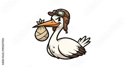 Cartoon stork with aviator gear carrying a tied sack on a white background