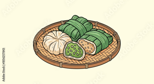 A cartoon image of various wrapped food items, possibly dumplings, on a woven tray