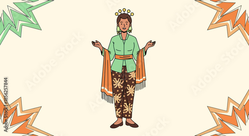 Illustration of a person in traditional attire with arms outstretched. Decorative elements surround