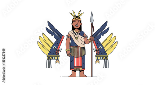 A smiling person in traditional attire, holding a spear, flanked by feather headdresses