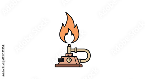 A detailed illustration of a laboratory burner emitting an orange flame, against a white backdrop