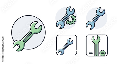 Illustration showcasing various wrench icons with differing colors, settings, and outlines
