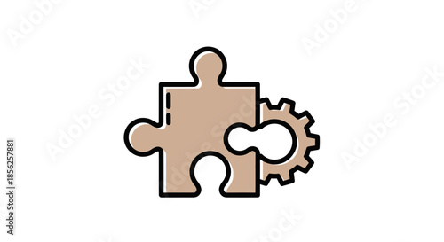 Two connected puzzle pieces, one a jigsaw and the other a gear, vector illustration on white