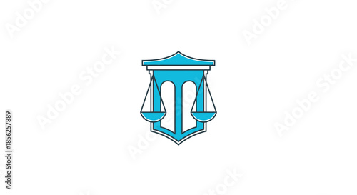 A stylized teal and black legal emblem featuring a balance scale inside a shield