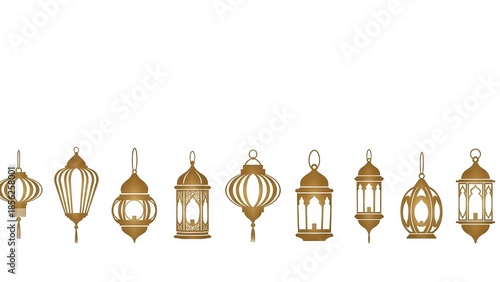 Collection of ornate golden Arabic lanterns displayed in a row on a white background