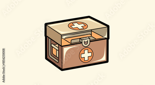Cartoon first aid kit, brown box with white cross symbols on top and front, open lid