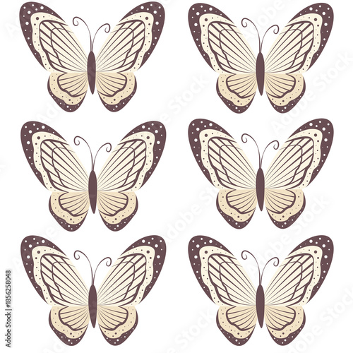 Six decorative stylized butterflies in beige and brown tones arranged in two columns for whimsical nature pattern or delicate spring greeting card embellishment on white background