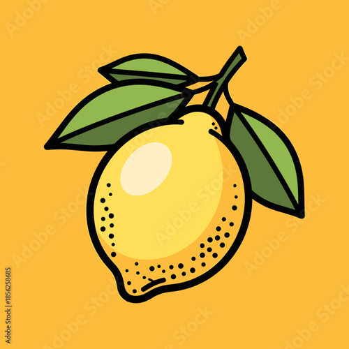 Vibrant Cartoon Lemon Illustration with Green Leaves on Orange Background