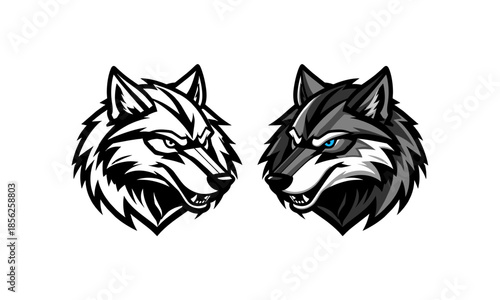 Dual Wolf Head Black and White Illustration