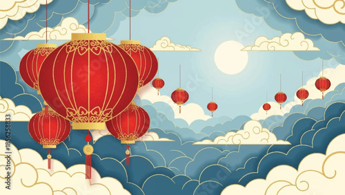 Red lanterns floating among clouds under the full moon in a serene sky view