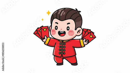 A young boy in traditional attire happily holding red envelopes with gold trim and stars shining above