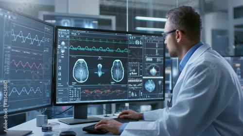 Medical Professional Analyzing Data- A focused medical professional in a modern research fac.