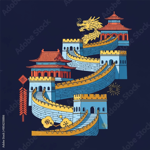 Ancient Chinese architecture illustration featuring the Great Wall with a mythical dragon on a dark background
