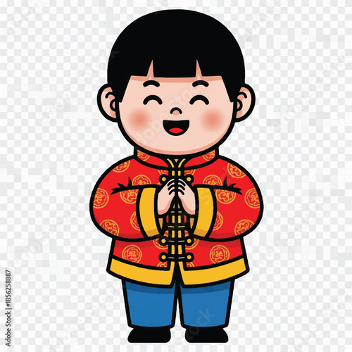 A young boy in traditional attire stands smiling with clasped hands in a festive illustration