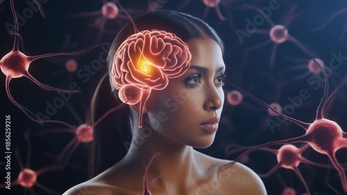 Neurological visualization of a woman's brain with active neurons. Medical animation for sci.
