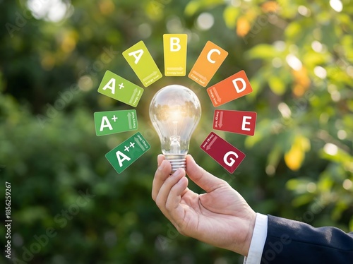 Energy efficiency rating concept with hand holding glowing light bulb and colorful efficiency scale, sustainable power usage and smart energy saving idea
