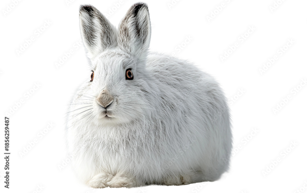 Obraz premium White arctic hare sitting alert presenting seasonal wildlife beauty and peaceful nature scene isolated on transparent background PNG
