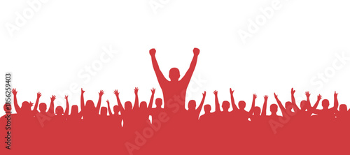A silhouetted crowd raises their arms in celebration with a central figure prominently displaying victorious gestures in red