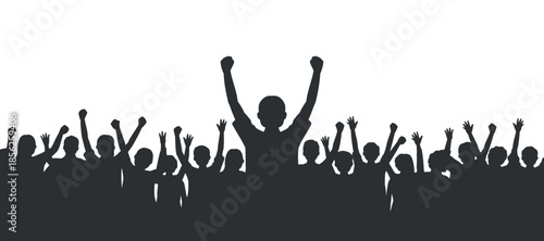 A silhouetted crowd raises their arms in jubilant celebration with a central figure leading the enthusiastic display of unity
