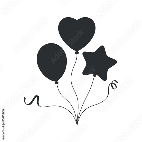 A simple illustration featuring a black heart star and balloon shapes tied together with strings