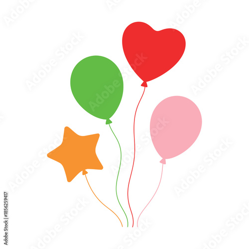 A vibrant collection of colorful balloons including a heart star and round shapes floats gently upwards