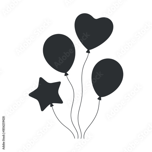 A simple illustration depicting black balloons a heart shape and a star floating upwards perfect for celebrations