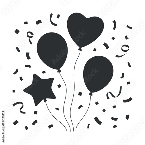A simple black and white illustration depicting festive balloons confetti and a star shape high quality