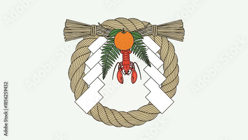 Japanese-Chinese New Year Celebration Emblem with Lobster and Traditional Decorations