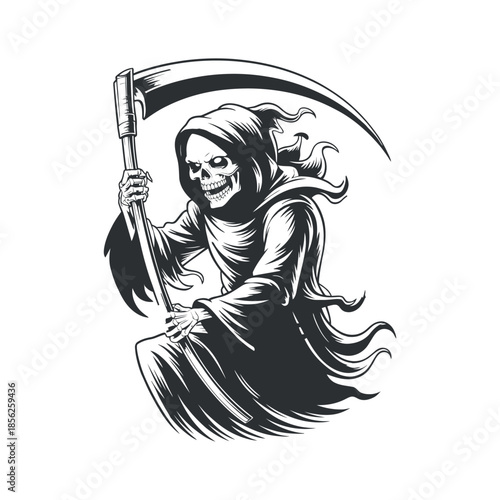 A haunting depiction of the grim reaper a skeletal figure with a scythe embodying mortality and fate