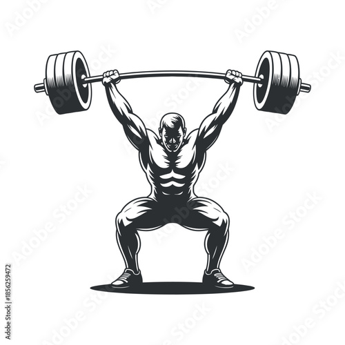A muscular athlete intensely performing an overhead barbell squat showcasing strength and physical fitness in monochrome style