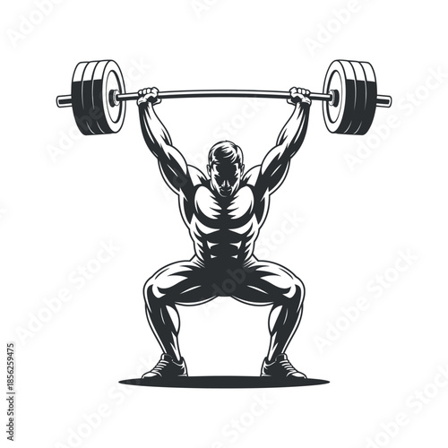 A powerful illustration of a muscular man successfully completing an overhead weightlifting exercise with a barbell