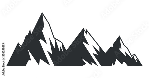 A striking black and white silhouette depicts a range of majestic jagged mountain peaks against a plain background