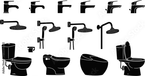 Bathroom fixtures vector illustration set, black and white plumbing icons, faucets showers toilets sinks, modern sanitary ware collection, minimal solid silhouette design