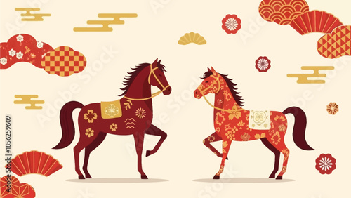 Elegant decorative horses with traditional patterns, vibrant colors, and festive motifs, celebrating the essence of Japanese-chinese New Year with prosperity and cultural charm